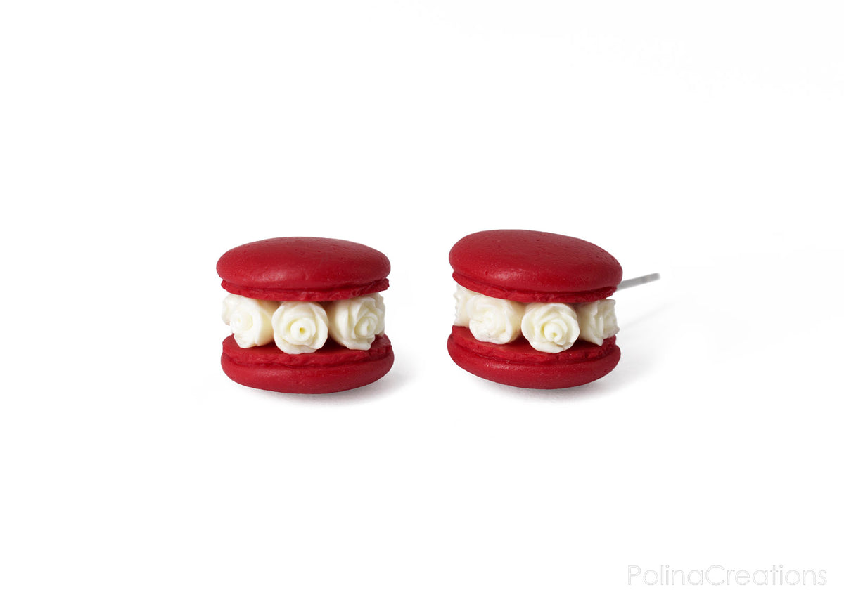 Handmade Red & White Floral Macaron Stud Earrings