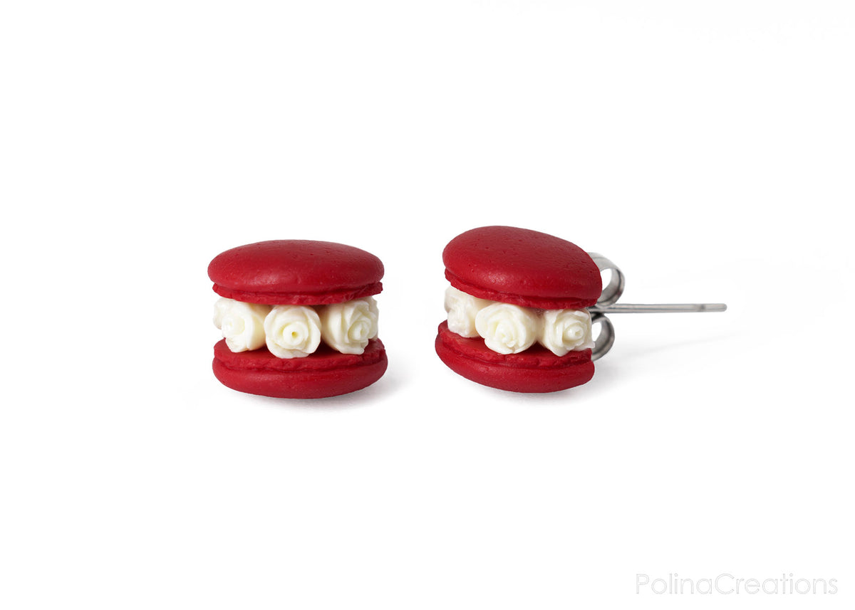 Handmade Red & White Floral Macaron Stud Earrings