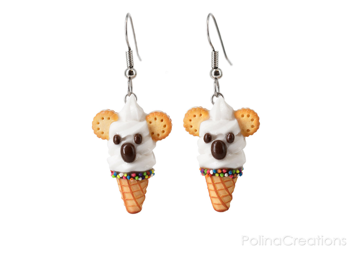 PolinaCreations White Koala Ice Cream Waffle Cone Earrings, Koala Earrings Wildlife Australian animal Jewelry Polymer Clay Fake Food Earrings Pet Lover Gift Vanilla ice cream jewellery Polina creations
