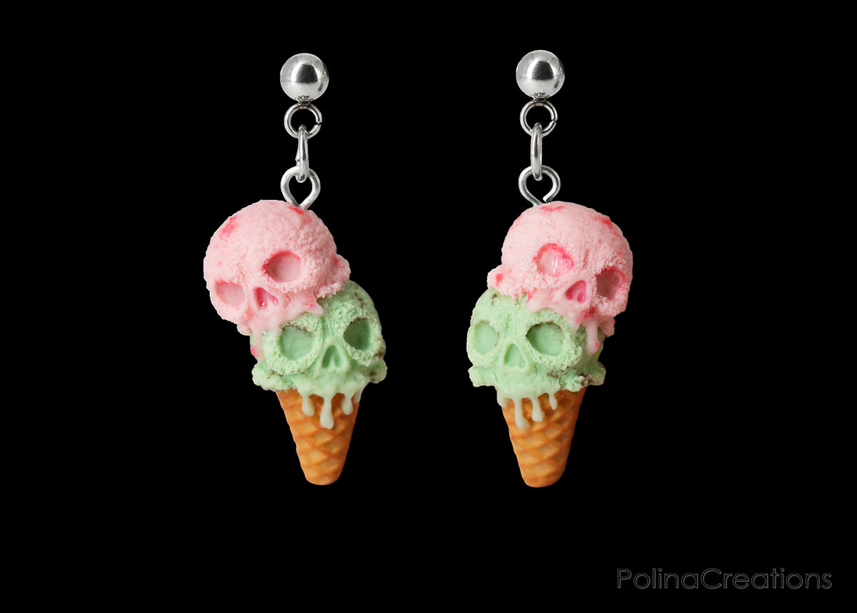 Polinacreations Handmade jewelry Skull ice cream Earrings, Spooky Halloween jewelry pink ice cream earrings Scary Halloween Earrings Witch jewelry skull jewelry spooky jewelry halloween accessory waffle earrings mint ice cream jewelry pink jewelry mint green jewelry scary jewelry pumpkin head jewelry creepy jewelry Halloween gift for her gift for woman vampire jewelry polina creations