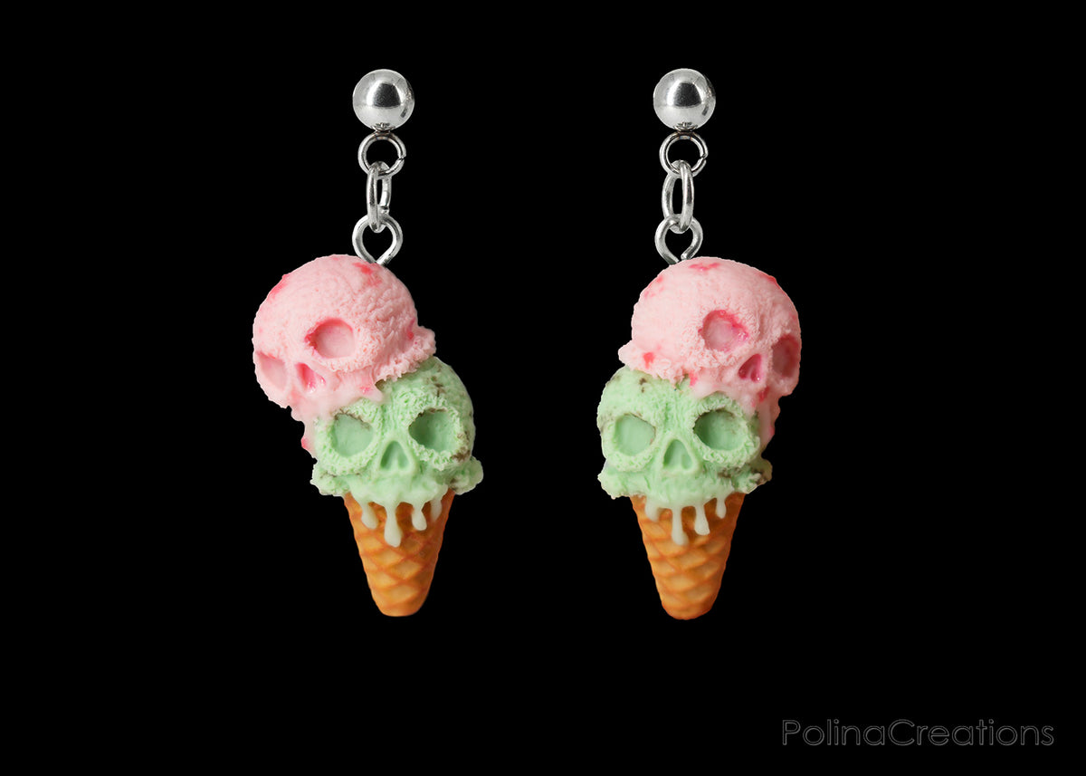 Polinacreations Handmade jewelry Skull ice cream Earrings, Spooky Halloween jewelry pink ice cream earrings Scary Halloween Earrings Witch jewelry skull jewelry spooky jewelry halloween accessory waffle earrings mint ice cream jewelry pink jewelry mint green jewelry scary jewelry pumpkin head jewelry creepy jewelry Halloween gift for her gift for woman vampire jewelry polina creations