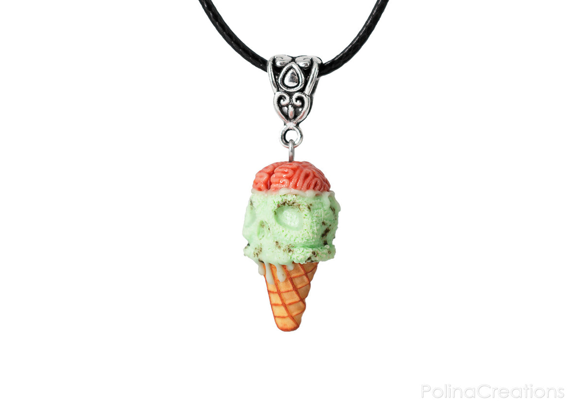 PolinaCreations Skull Ice Cream Cone Necklace, Spooky Skull Mint Chocolate Chip Ice Cream Waffle Cone Necklace Brain Jewelry Blood Necklace Skull Jewelry ice cream jewelry ice cream charm polymer clay jewelry fake food jewelry miniature food jewelry mini food charm mint green jewelry mint necklace mint charm brain charm skull charm blood charm polina creations gift for her gift for woman for girl