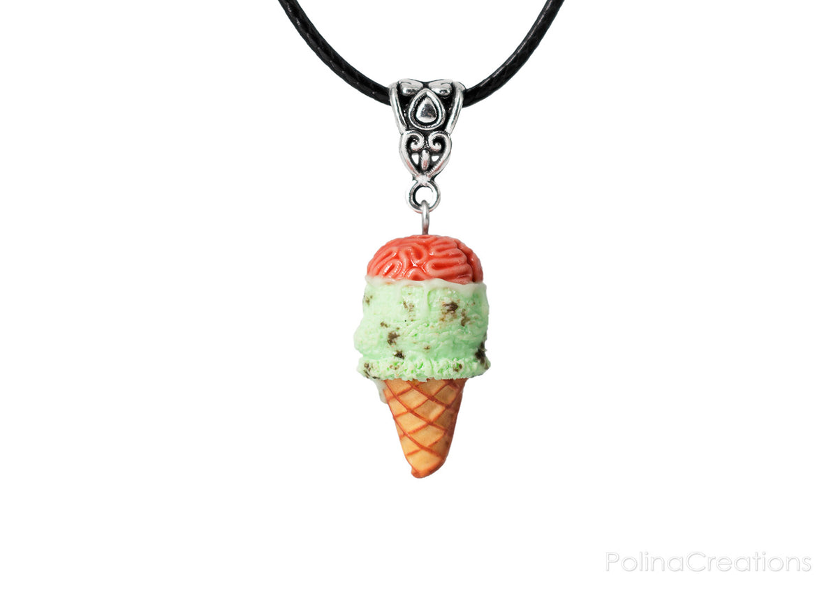 PolinaCreations Skull Ice Cream Cone Necklace, Spooky Skull Mint Chocolate Chip Ice Cream Waffle Cone Necklace Brain Jewelry Blood Necklace Skull Jewelry ice cream jewelry ice cream charm polymer clay jewelry fake food jewelry miniature food jewelry mini food charm mint green jewelry mint necklace mint charm brain charm skull charm blood charm polina creations gift for her gift for woman for girl