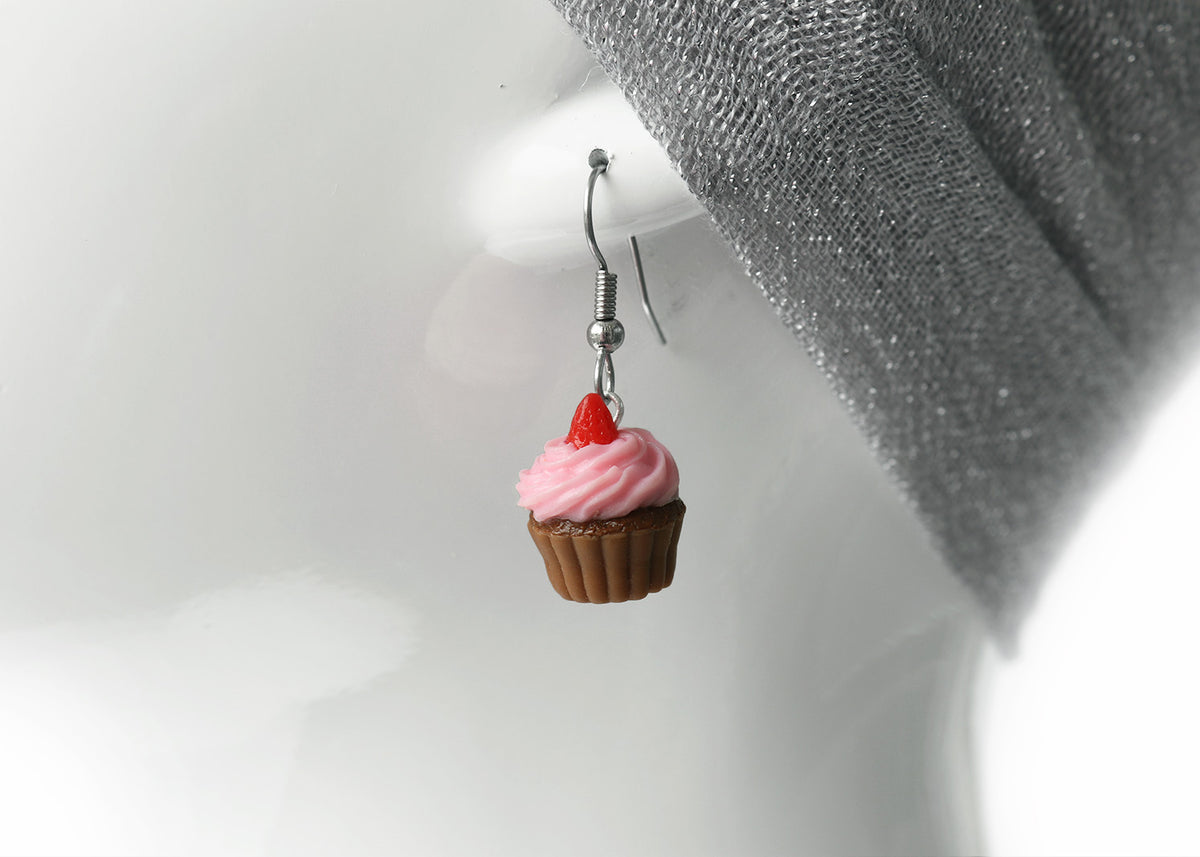 polinacreations Handmade jewelry pink Frosting chocolate Cupcake Earrings Topped With Strawberry, Polymer Clay Fake Food Jewelry Red Strawberry Fruit Earrings polymer clay jewelry polina creations cute earrings miniature food jewelry mini food earrings gift for her gift foe woman girl pink jewelry dessert jewelry pink earrings strawberry cupcake brown jewelry brown earrings