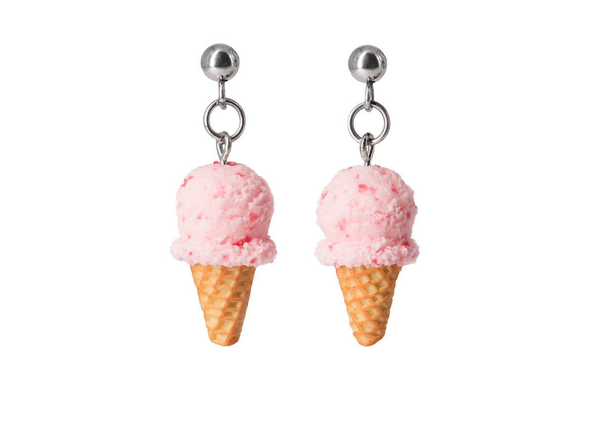 Polinacreations Handmade Strawberry Ice Cream Waffle Cone Dangle Stud Earrings, Ice Cream Earrings, Pink Ice Cream Earrings, Ice cream Jewelry Cute earrings polymer clay miniature fake food jewelry pink studs