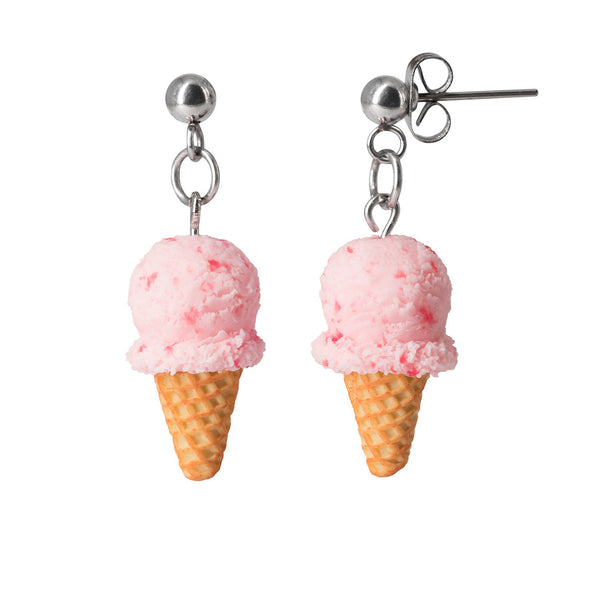 Polinacreations Handmade Strawberry Ice Cream Waffle Cone Dangle Stud Earrings, Ice Cream Earrings, Pink Ice Cream Earrings, Ice cream Jewelry Cute earrings polymer clay miniature fake food jewelry
