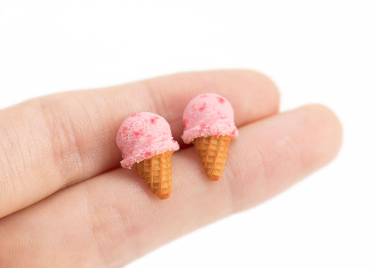 polinacreations Handmade jewelry Strawberry Ice Cream Waffle Cone Stud Earrings, Ice Cream Earrings, Ice Cream Studs Cute Earrings Pink Jewelry Strawberry Earrings polina creations gift for her gift for woman present for girl cute earrings small earrings cute studs strawberry jewelry waffle earrings hypoallergenic jewelry surgical steel red jewelry