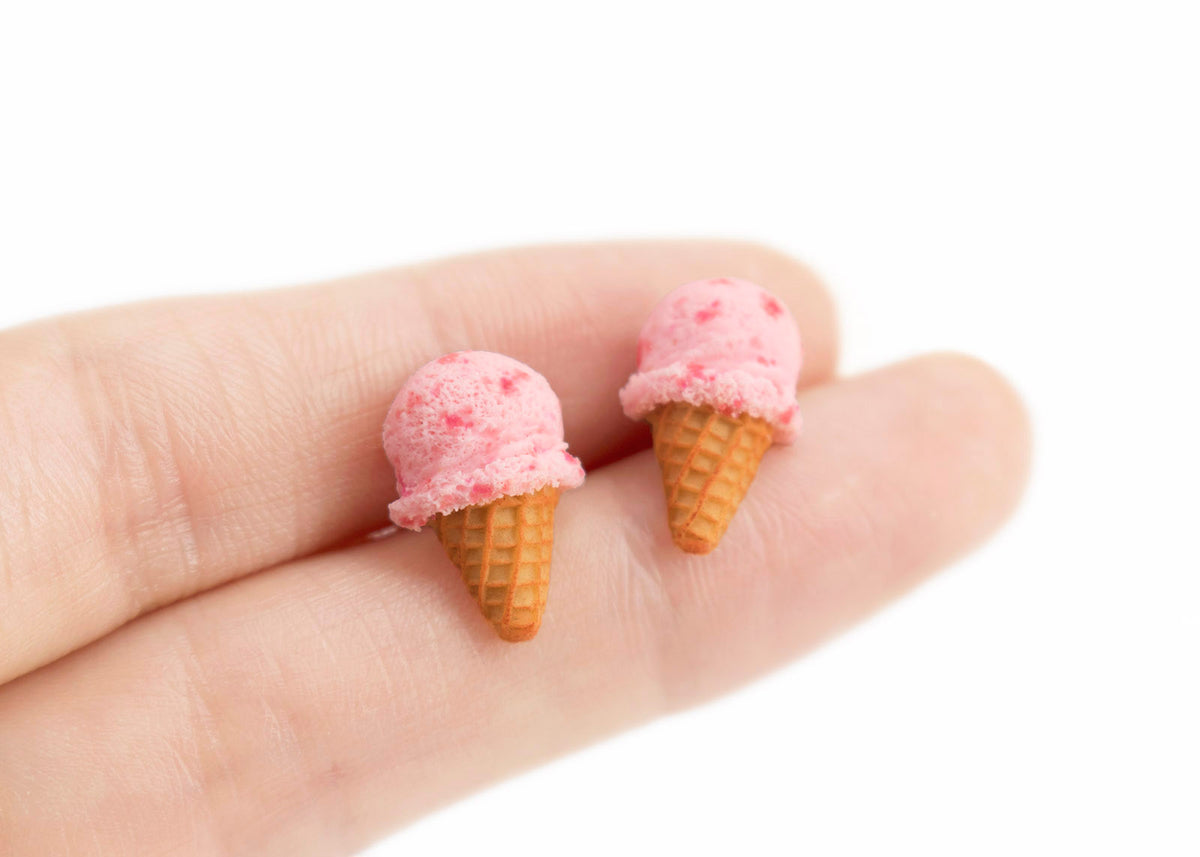 polinacreations Handmade jewelry Strawberry Ice Cream Waffle Cone Stud Earrings, Ice Cream Earrings, Ice Cream Studs Cute Earrings Pink Jewelry Strawberry Earrings polina creations gift for her gift for woman present for girl cute earrings small earrings cute studs strawberry jewelry waffle earrings hypoallergenic jewelry surgical steel red jewelry