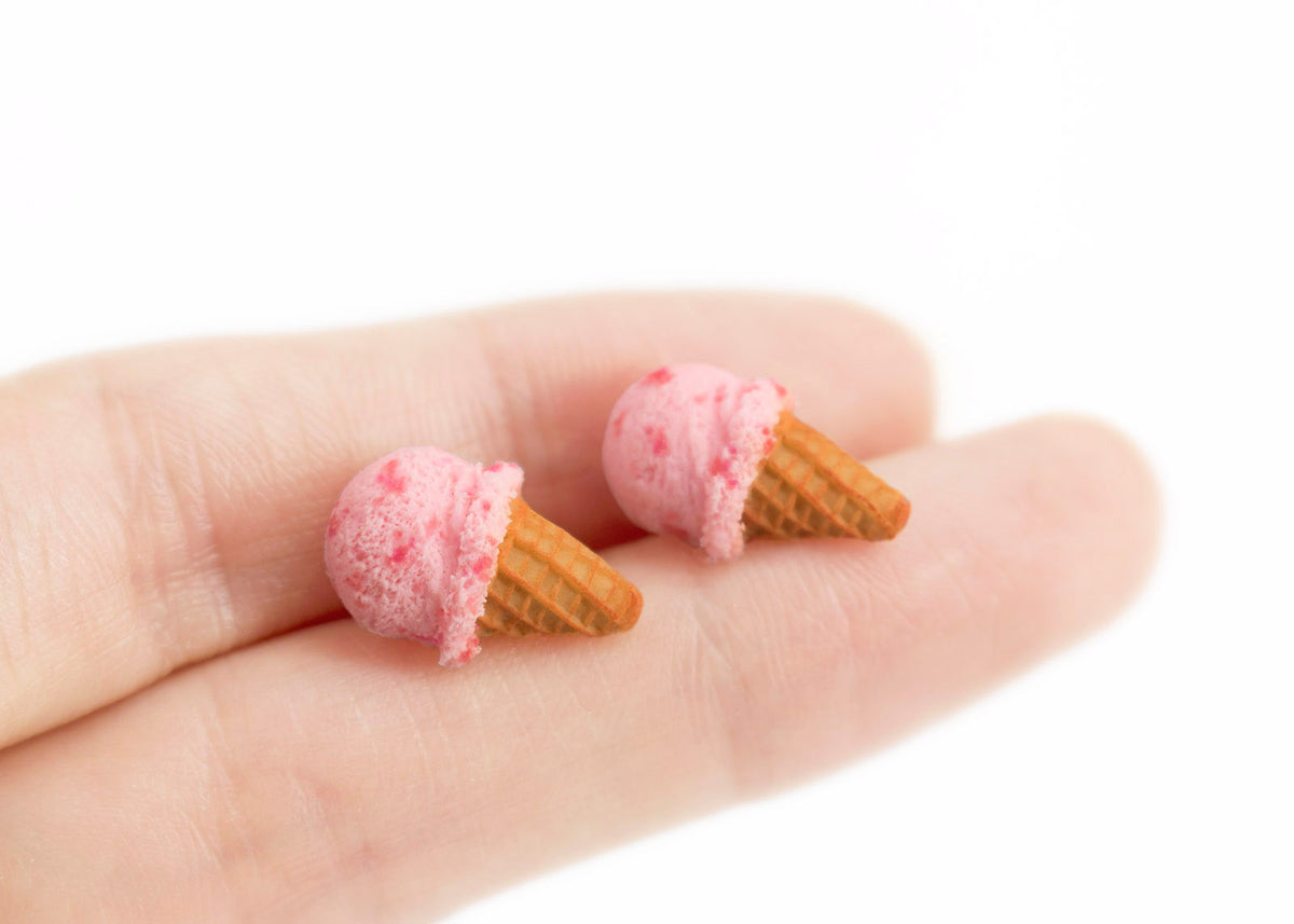 polinacreations Handmade jewelry Strawberry Ice Cream Waffle Cone Stud Earrings, Ice Cream Earrings, Ice Cream Studs Cute Earrings Pink Jewelry Strawberry Earrings polina creations gift for her gift for woman present for girl cute earrings small earrings cute studs strawberry jewelry waffle earrings hypoallergenic jewelry surgical steel red jewelry