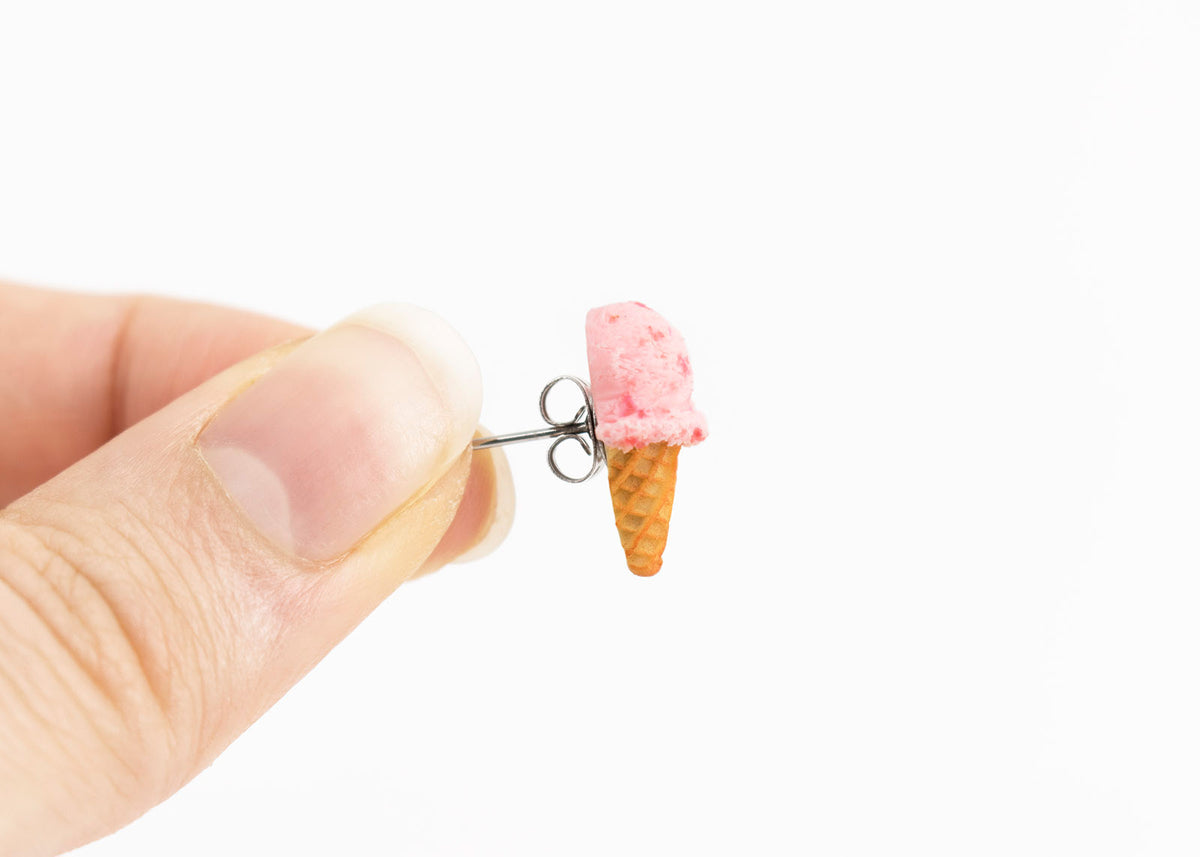 polinacreations Handmade jewelry Strawberry Ice Cream Waffle Cone Stud Earrings, Ice Cream Earrings, Ice Cream Studs Cute Earrings Pink Jewelry Strawberry Earrings polina creations gift for her gift for woman present for girl cute earrings small earrings cute studs strawberry jewelry waffle earrings hypoallergenic jewelry surgical steel red jewelry