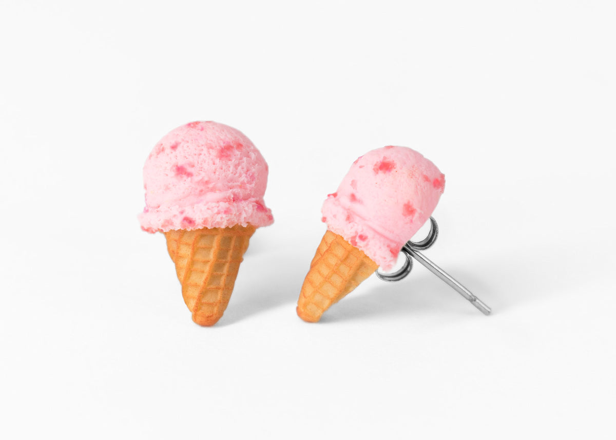 polinacreations Handmade jewelry Strawberry Ice Cream Waffle Cone Stud Earrings, Ice Cream Earrings, Ice Cream Studs Cute Earrings Pink Jewelry Strawberry Earrings polina creations gift for her gift for woman present for girl cute earrings small earrings cute studs strawberry jewelry waffle earrings hypoallergenic jewelry surgical steel red jewelry