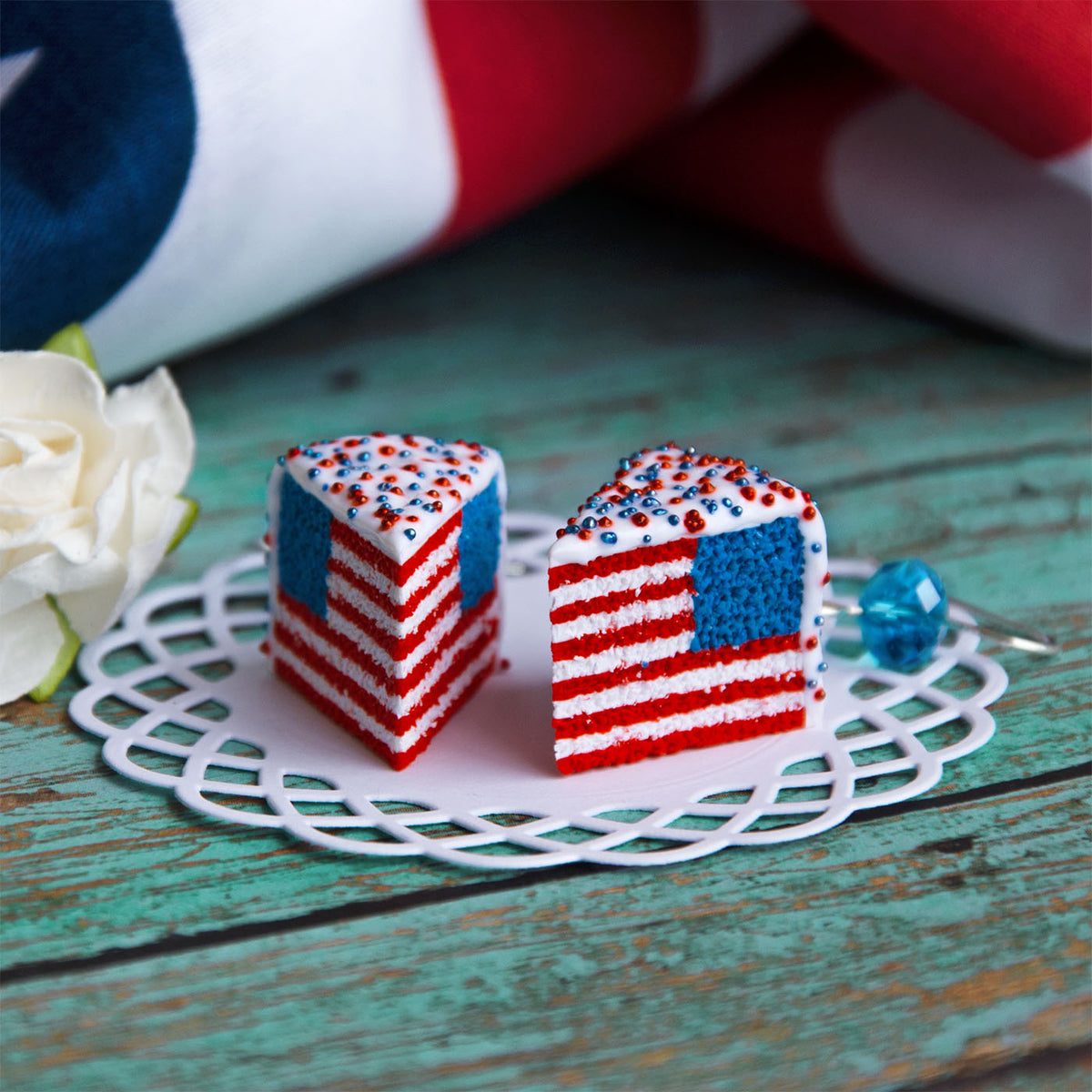 Handmade American Flag Cake Earrings, 4th of July Gift