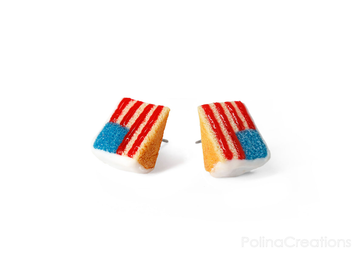 Handmade American Flag Cake Stud Earrings, 4th of July Gift