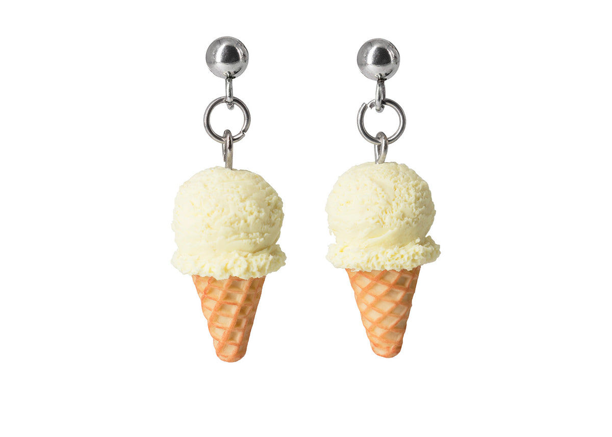Handmade Vanilla Ice Cream Stud Dangle Earrings, Ice Cream Earrings Ice Cream Jewelry Cute earrings Waffle Cone Mini Fake Food Jewelry