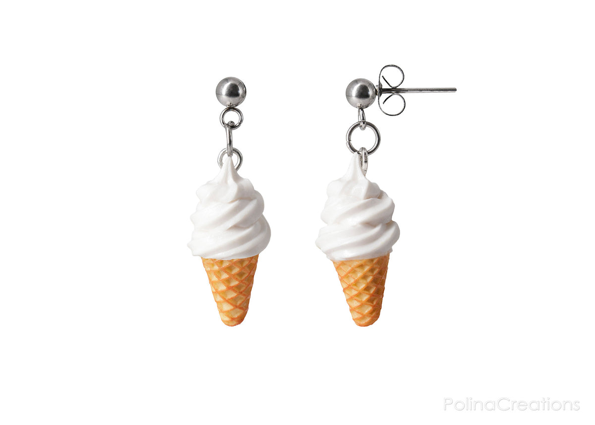 Polinacreations Handmade Jewelry Vanilla Ice Cream Waffle Cone Dangle Stud Earrings White Earrings Ice Cream Earrings Food earrings Cute earring Fun earrings Kawaii