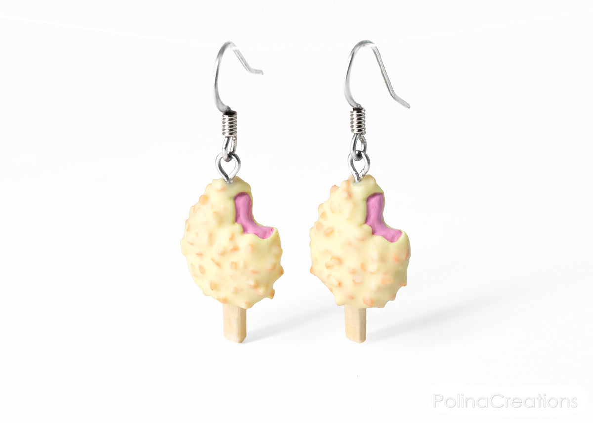 Handmade White Chocolate and Nut Covered Pink Ice Cream Bar Earrings