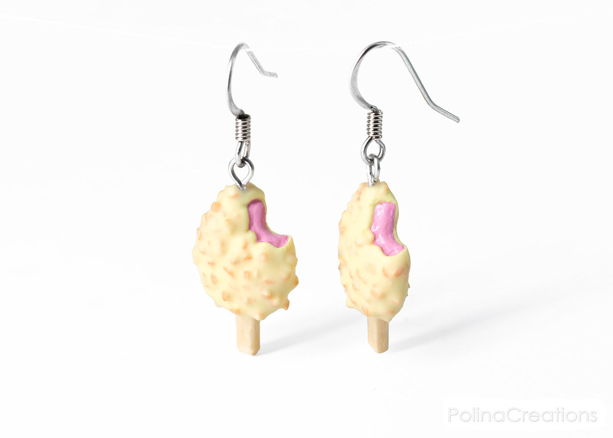 Handmade White Chocolate and Nut Covered Pink Ice Cream Bar Earrings