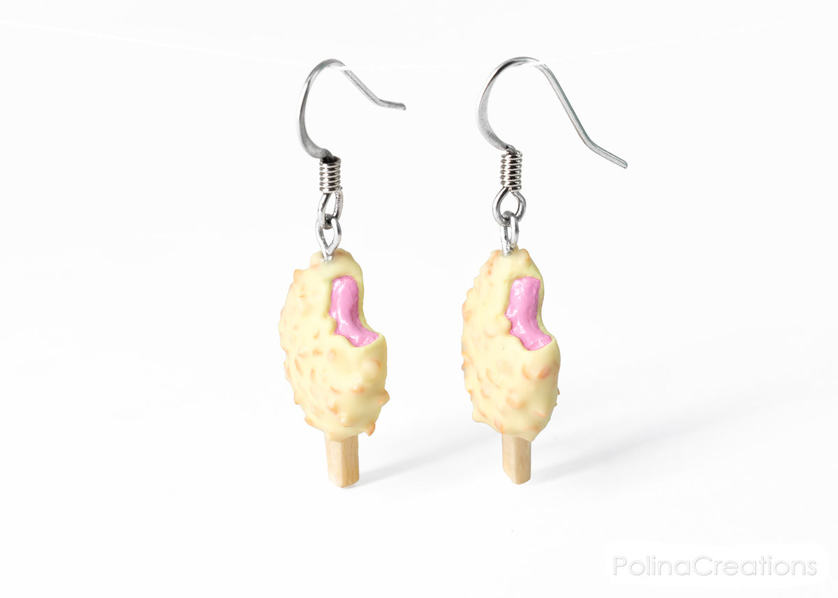 Handmade White Chocolate and Nut Covered Pink Ice Cream Bar Earrings