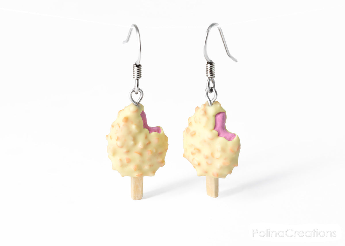 Handmade White Chocolate and Nut Covered Pink Ice Cream Bar Earrings