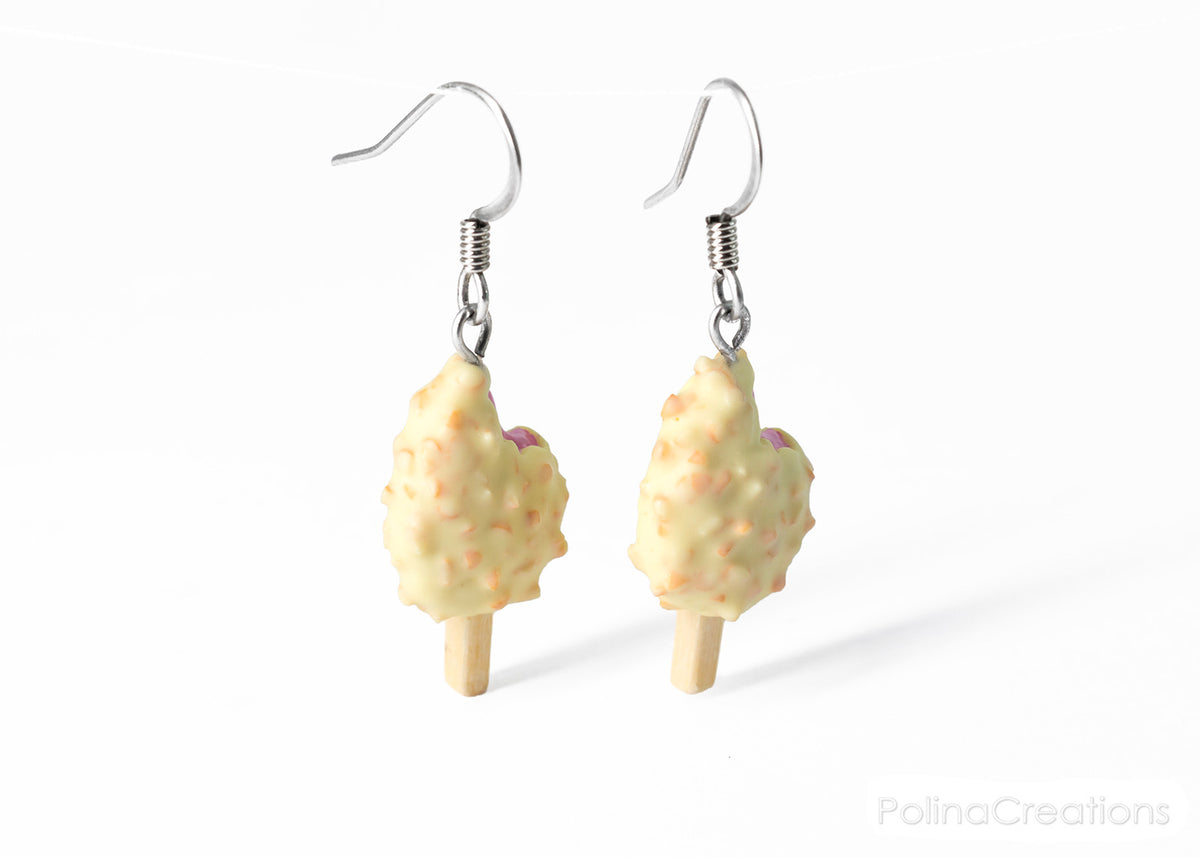 Handmade White Chocolate and Nut Covered Pink Ice Cream Bar Earrings