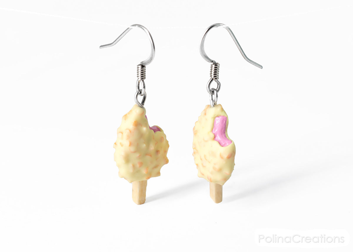Handmade White Chocolate and Nut Covered Pink Ice Cream Bar Earrings