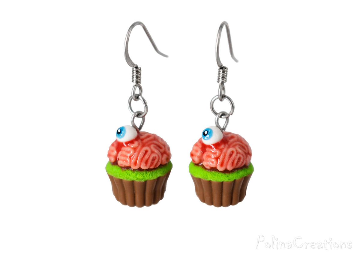 polinacreations blue eyes handmade jewelry Zombie Brain Cupcake Earrings, Halloween Accessories Ripped Eye Earrings Spooky Zombie Jewelry Scary Earrings Brain Jewelry Blood Earrings witch jewelry eye jewelry eyeball earrings