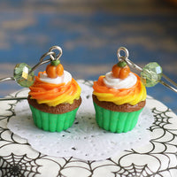 Handmade Pumpkin Cupcake Earrings (Green Bottom), Halloween Gift