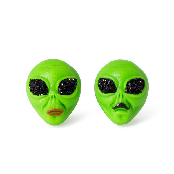 polinacreations glitter jewelry red lip jewelry mustachio jewelry green earrings cute studs green jewelry Green Alien Stud Earrings, Space Earrings Alien Head Studs Grunge Earrings Alien Family Jewelry UFO Earrings Glitter Jewelry Couple Earrings polina creations