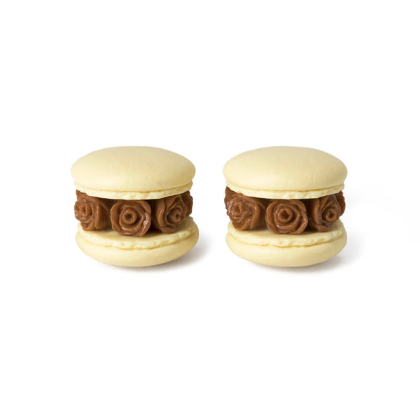 Handmade Beige & Chocolate Floral Macaron Stud Earrings