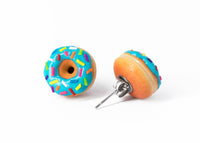 Handmade Jewelry Blue Glazed Doughnut Earrings With Sprinkles, Donut Earrings PolinaCreations Fake Food Jewelry Polymer clay Food Earrings mini food jewelry miniature food cute studs small earrings circle earrings sprinkle jewelry rainbow jewelry hypoallergenic jewelry polina creations jewellery gift for her gift for woman girls baskin robbins dunkin donut blue jewelry
