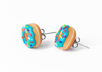 Handmade Jewelry Blue Glazed Doughnut Earrings With Sprinkles, Donut Earrings PolinaCreations Fake Food Jewelry Polymer clay Food Earrings mini food jewelry miniature food cute studs small earrings circle earrings sprinkle jewelry rainbow jewelry hypoallergenic jewelry polina creations jewellery gift for her gift for woman girls baskin robbins dunkin donut blue jewelry
