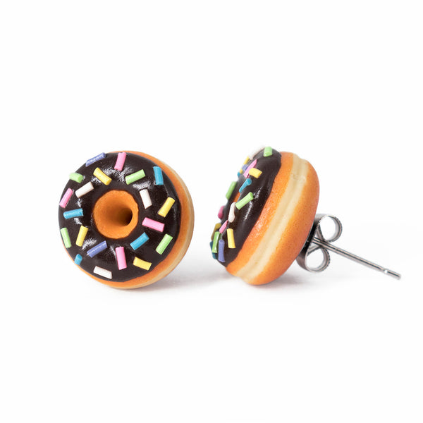 Handmade Jewelry Chocolate Glazed Doughnut Earrings With Sprinkles, Donut Earrings PolinaCreations Fake Food Jewelry Polymer clay Food Earrings mini food jewelry miniature food cute studs small earrings circle earrings sprinkle jewelry rainbow jewelry hypoallergenic jewelry polina creations jewellery gift for her gift for woman girls baskin robbins dunkin donut 