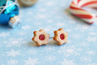 Handmade Christmas Jam Linzer Cookie Earrings, Jam Filled Cookie Earrings Star Earrings Star Jewelry Cute earrings Kawaii PolinaCreations Xmas gift for woman Fake food jewelry polymer clay earrings star earrings 