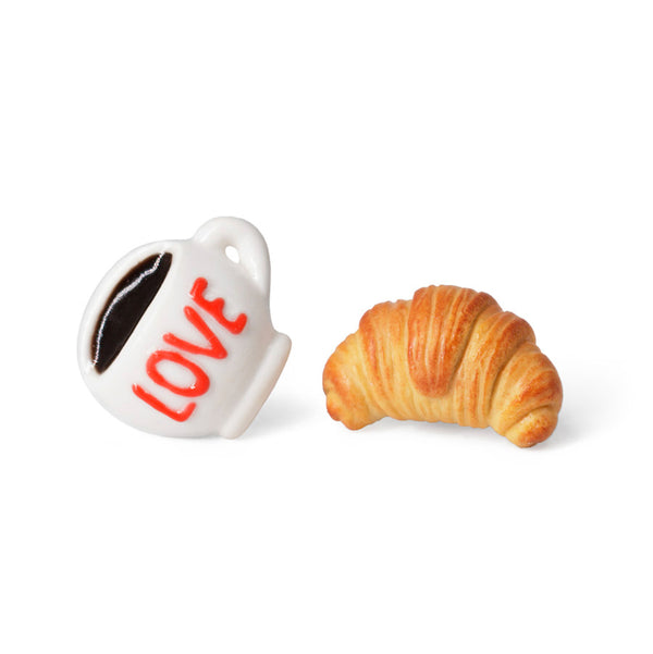 PolinaCreations Coffee Cup & Croissant Stud Earrings, Croissant Earrings Coffee Lover Gift Asymmetrical Earrings Espresso BFF Gifts for Girls LOVE Earrings