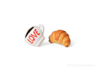 PolinaCreations Coffee Cup & Croissant Stud Earrings, Croissant Earrings Coffee Lover Gift Asymmetrical Earrings Espresso BFF Gifts for Girls LOVE Earrings