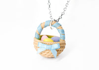 polinacreations Handmade Easter Egg Basket Pendant. holiday jewellery Easter Eggs jewelry Easter Jewelry polymer clay fake food jewelry Easter gift silver necklace blue necklace gift for her women rainbow jewelry