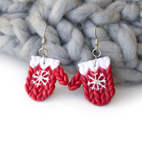 Polinacreations Christmas Knitted Mitten Polymer Clay Earrings, Holiday Earrings Womens Accessories Red Earrings Christmas earrings Holiday Xmas Jewelry Xmas gift for her