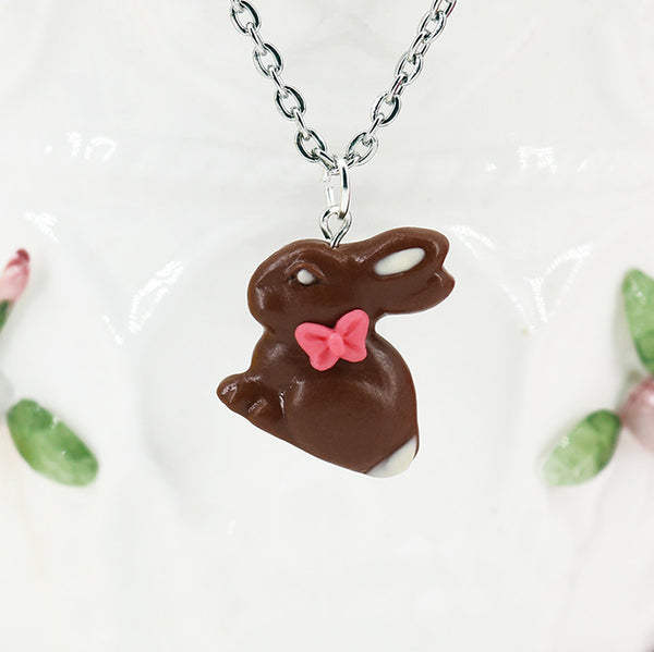 Polinacreations Handmade jewelry Easter Chocolate Bunny Pendant Bunny Necklace Easter Jewelry Chocolate Easter bunny pendant chocolate rabbit silver necklace Easter gift polymer clay fake food jewelry miniature food necklace