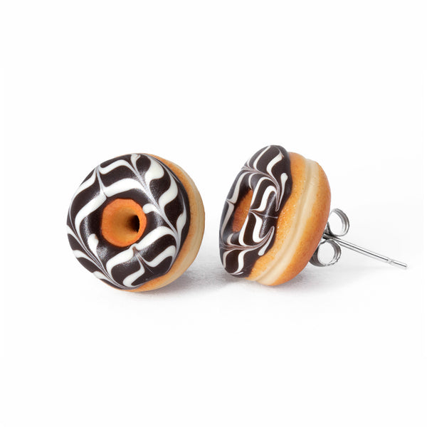 Handmade Jewelry Chocolate Glazed Doughnut Earrings With White stripes, Donut Earrings PolinaCreations Fake Food Jewelry Polymer clay Food Earrings mini food jewelry miniature food cute studs small earrings circle earrings sprinkle jewelry rainbow jewelry hypoallergenic jewelry polina creations jewellery gift for her gift for woman girls baskin robbins dunkin donut 