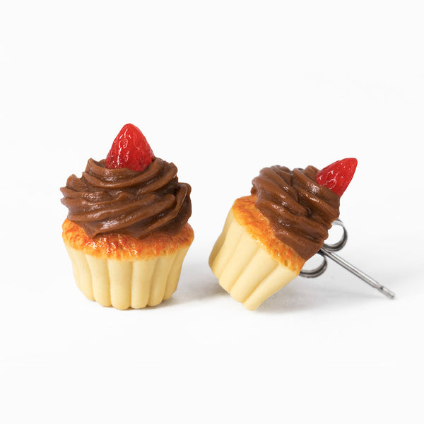 Handmade Chocolate Frosting Cupcake Stud Earrings Topped with Strawberry, Chocolate Cupcake Earrings PolinaCreations Fake Food Jewelry mini food strawberry earrings polina creations