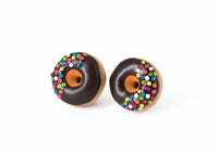 Handmade Jewelry Chocolate Glazed Doughnut Earrings With Sprinkles, Donut Earrings PolinaCreations Fake Food Jewelry Polymer clay Food Earrings mini food jewelry miniature food cute studs small earrings circle earrings sprinkle jewelry rainbow jewelry hypoallergenic jewelry polina creations jewellery gift for her gift for woman girls baskin robbins dunkin donut 