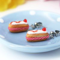 Handmade Valentine's Eclair Stud Dangle Earrings Topped With White Chocolate and Raspberry