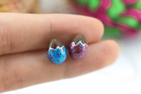 PolinaCreations chocolate jewelry Handmade Metallic Blue & Red Color Easter Chocolate Egg Stud Earrings. Chocolate Egg earrings Easter earrings Easter egg earrings Polina creations small cute earrings fake food jewelry polymer clay jewelry asymmetrical earrings blue earrings red earrings foiled Easter egg foiled chocolate egg earrings Polka earrings metallic jewelry
