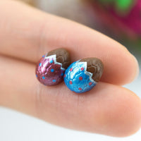 PolinaCreations Handmade Metallic Blue & Red Color Easter Chocolate Egg Stud Earrings. Chocolate Egg earrings Easter earrings Easter egg earrings Polina creations small cute earrings fake food jewelry polymer clay jewelry asymmetrical earrings 