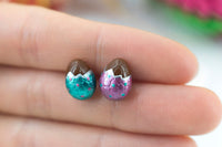 PolinaCreations Handmade Metallic Aqua & Pink Color Easter Chocolate Egg Stud Earrings. Chocolate Egg earrings. Easter earrings. Cute Easter egg earrings polina creations fake food jewelry mini food earrings Easter jewelry holiday jewelry asymmetrical earrings foil egg jewelry 