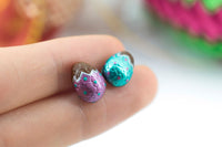 PolinaCreations Handmade Metallic Aqua & Pink Color Easter Chocolate Egg Stud Earrings. Chocolate Egg earrings. Easter earrings. Cute Easter egg earrings polina creations fake food jewelry mini food earrings Easter jewelry holiday jewelry asymmetrical earrings foil egg jewelry miniature food jewelry 