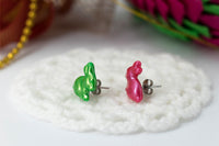 polinacreations Handmade Metallic Green & Pink Color Easter Bunny Stud Earrings. Bunny earrings. Easter earrings. Easter bunny earrings Easter jewelry rabbit earrings asymmetrical jewelry pink cute studs polymer clay jewelry metal earrings 