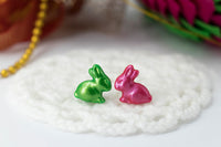 polinacreations Handmade Metallic Green & Pink Color Easter Bunny Stud Earrings. Bunny earrings. Easter earrings. Easter bunny earrings Easter jewelry rabbit earrings asymmetrical jewelry pink cute studs polymer clay jewelry metal earrings 