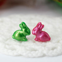polinacreations Handmade Metallic Green & Pink Color Easter Bunny Stud Earrings. Bunny earrings. Easter earrings. Easter bunny earrings Easter jewelry rabbit earrings asymmetrical jewelry pink cute studs polymer clay jewelry metal earrings