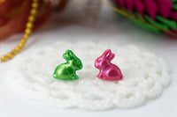 polinacreations Handmade Metallic Green & Pink Color Easter Bunny Stud Earrings. Bunny earrings. Easter earrings. Easter bunny earrings Easter jewelry rabbit earrings asymmetrical jewelry pink cute studs polymer clay jewelry metal earrings pet jewelry animal earrings
